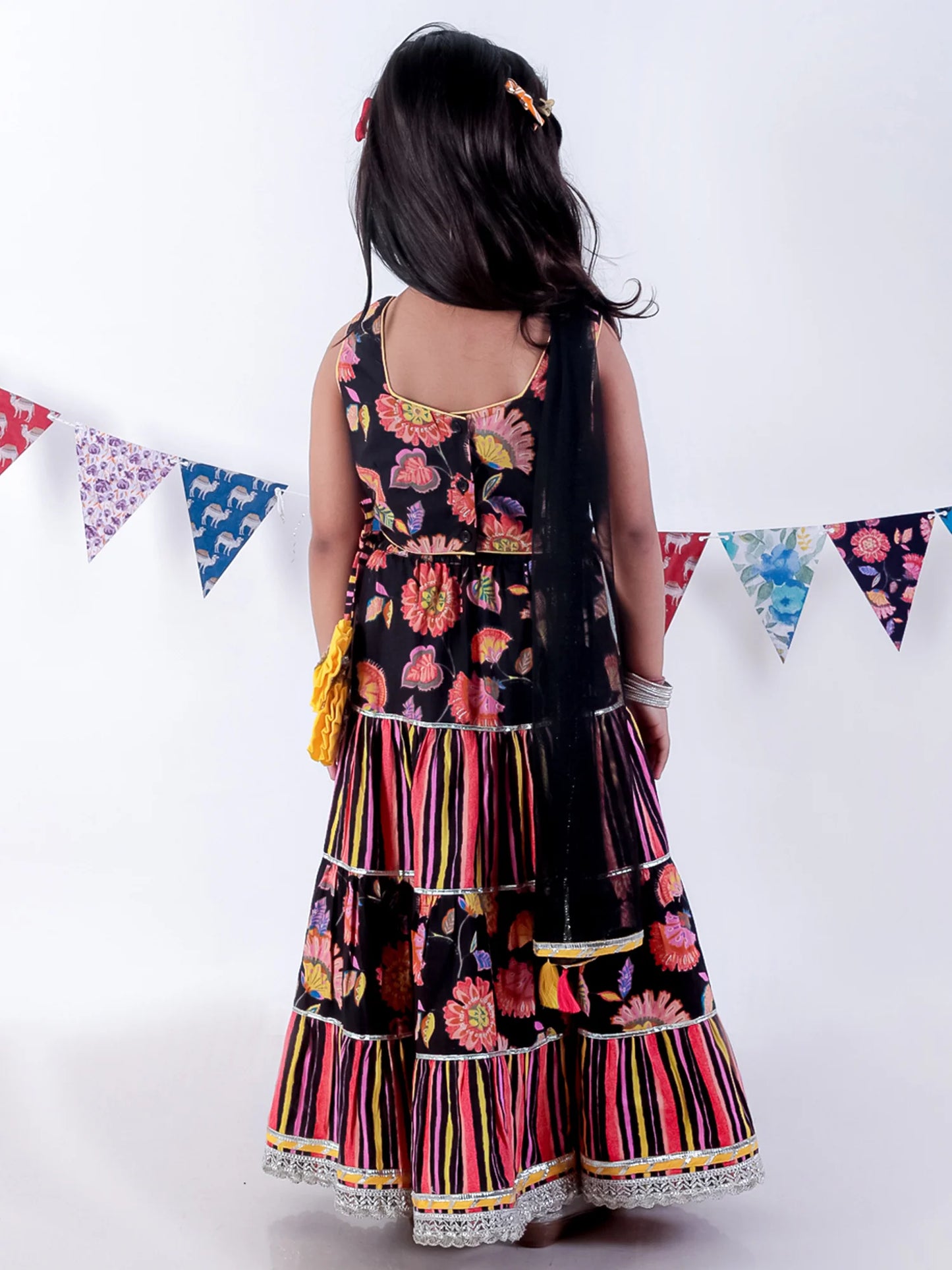 Girl- Black Floral Print Lehanga Choli with Dupatta