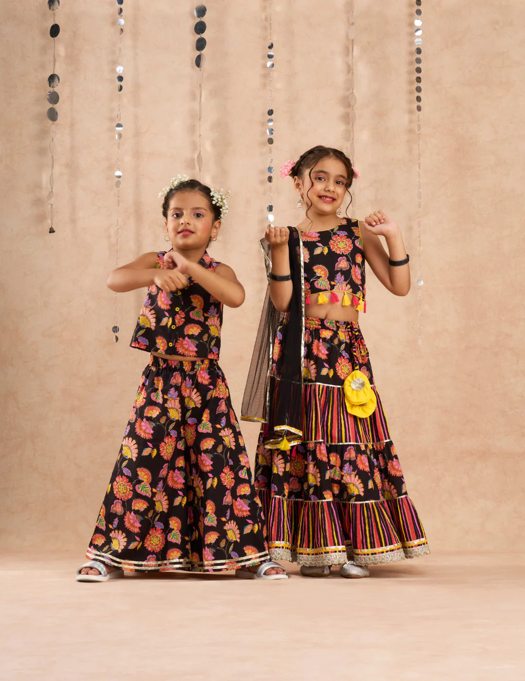 Girl- Black Floral Print Lehanga Choli with Dupatta