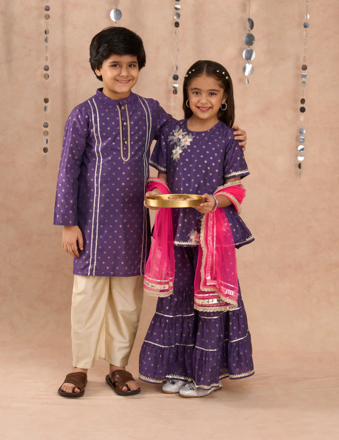 Girl - Purple Gotta Lace work Sharara Set with Pink Dupatta
