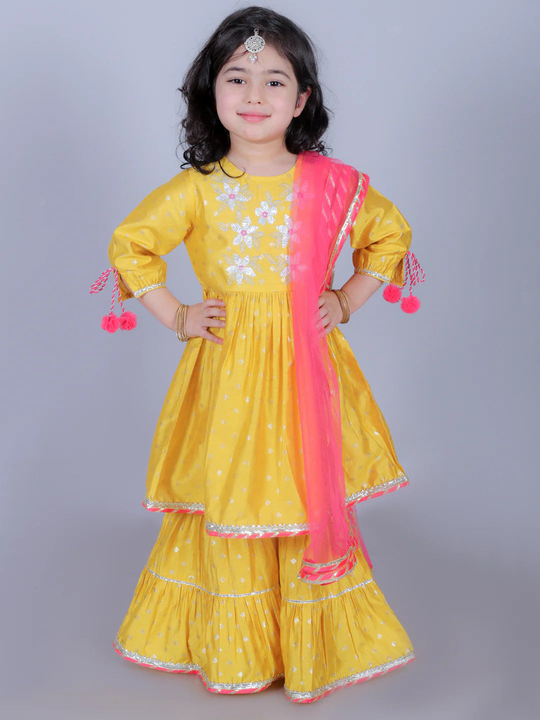 Girl - Yellow Sharara Set with Gotta Lace and Pink Dupatta
