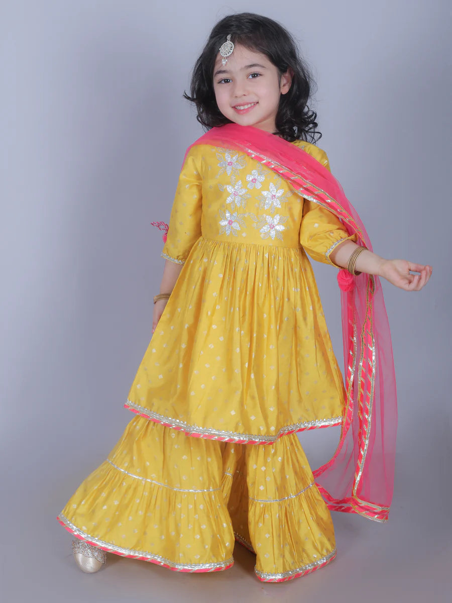 Girl - Yellow Sharara Set with Gotta Lace and Pink Dupatta