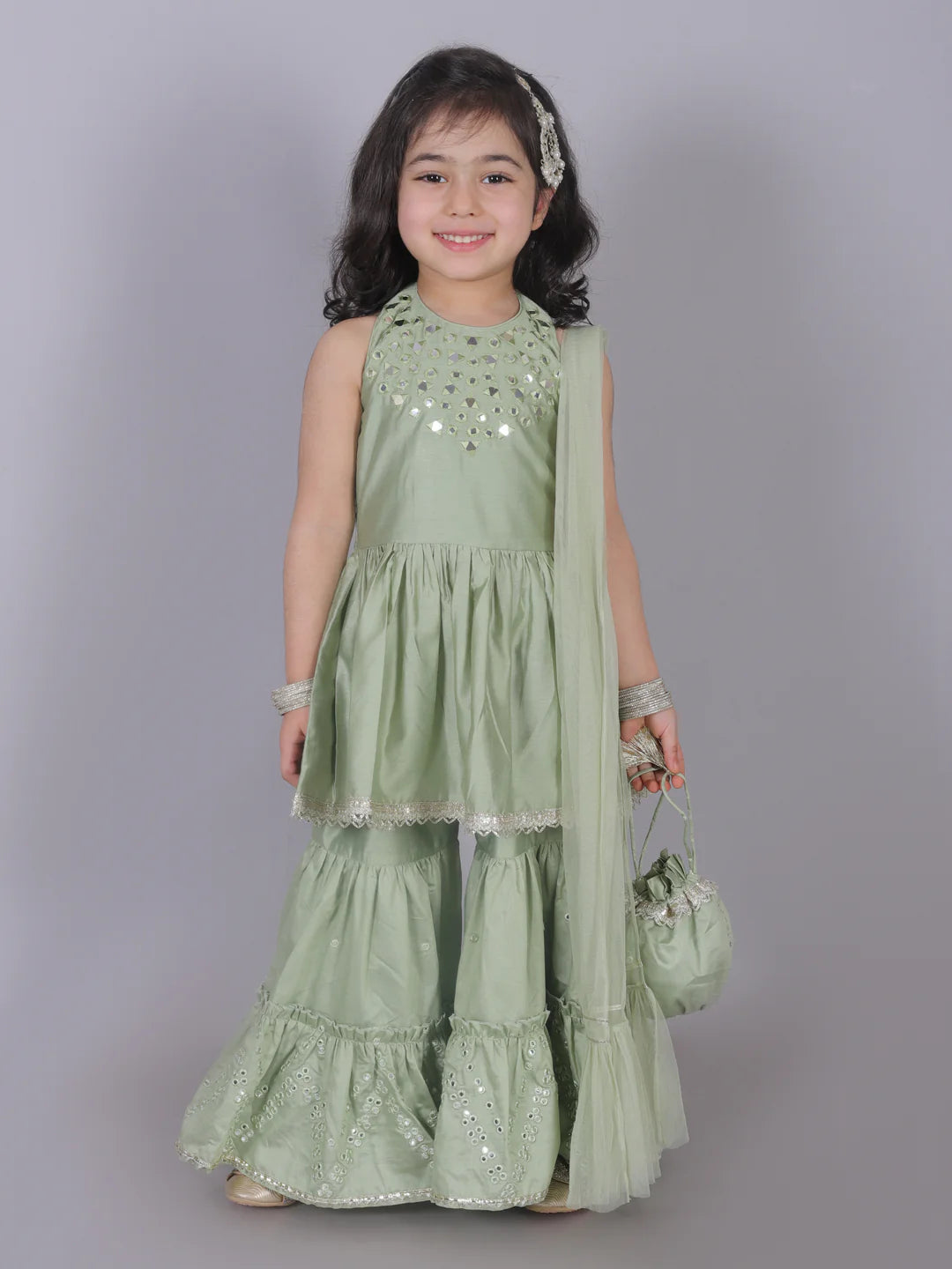 Girl - Green Mirror Work Kurta with Sharara