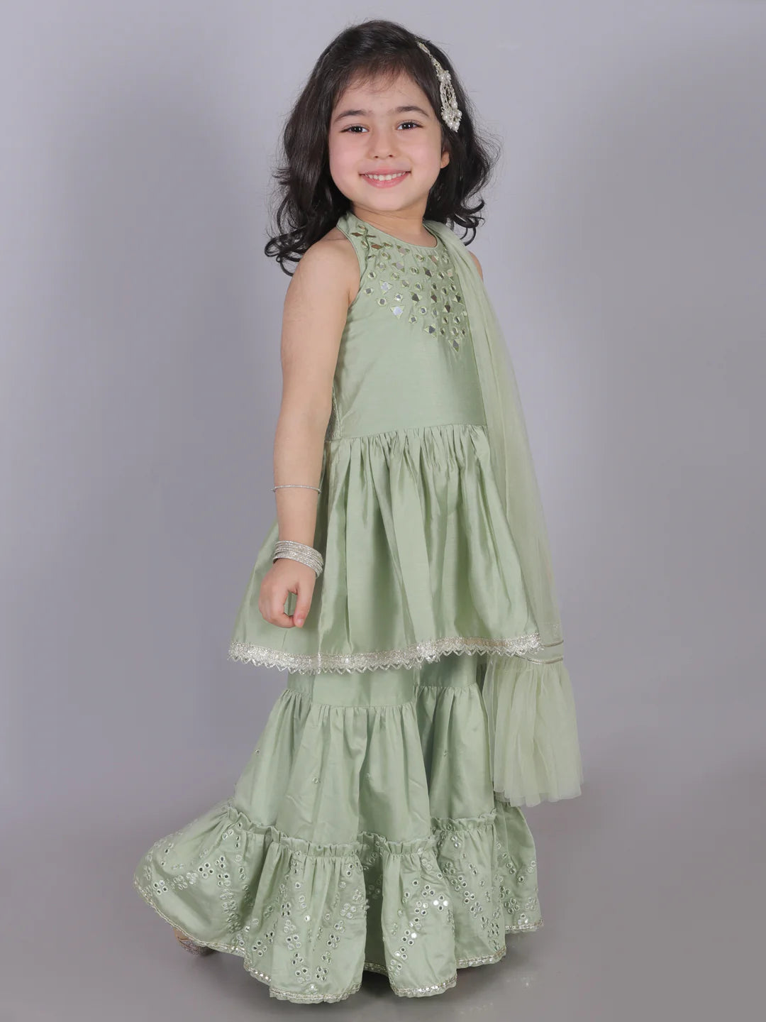 Girl - Green Mirror Work Kurta with Sharara