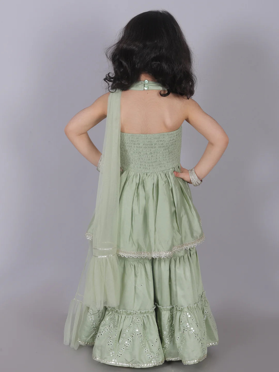 Girl - Green Mirror Work Kurta with Sharara