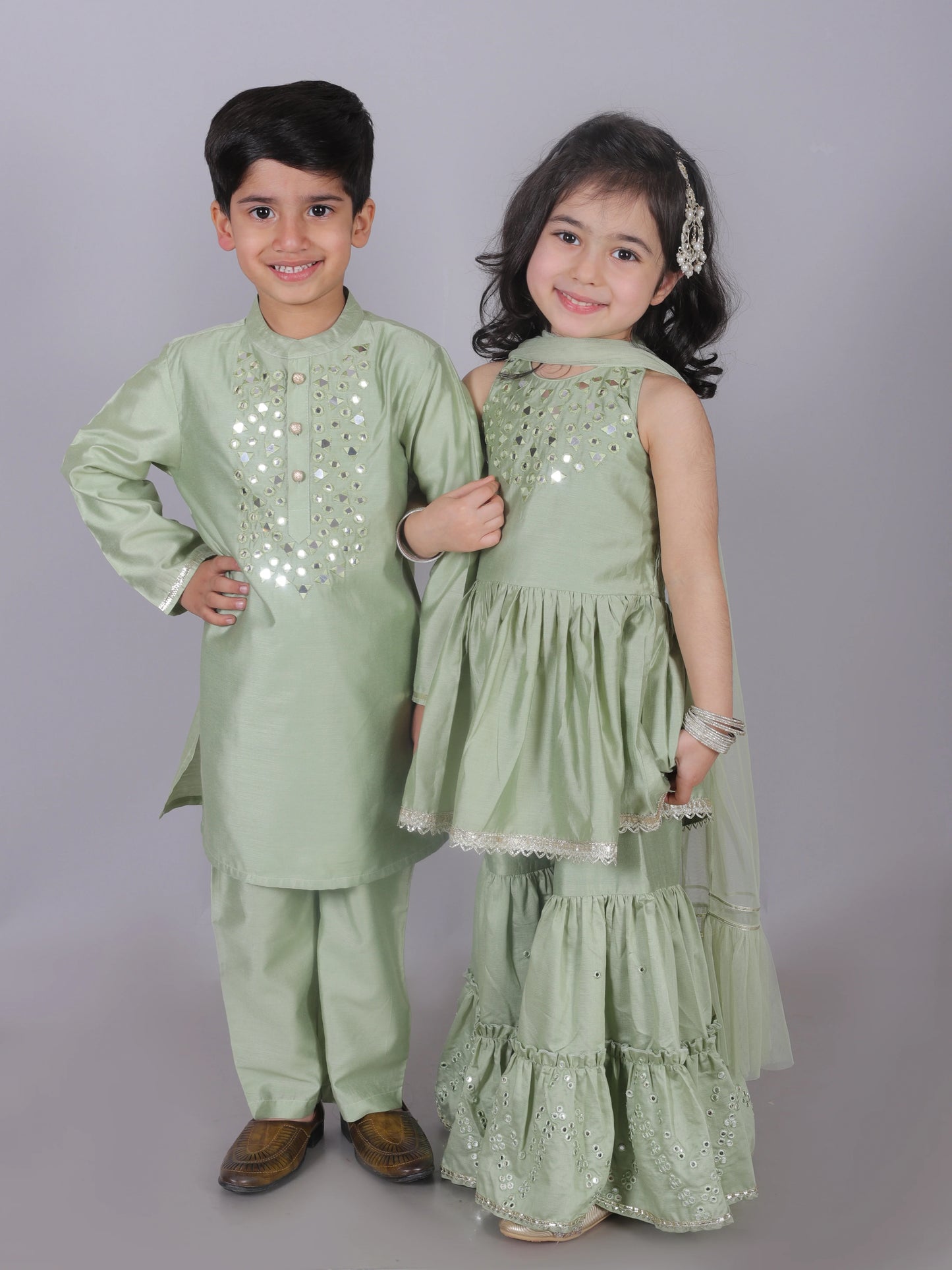 Girl - Green Mirror Work Kurta with Sharara
