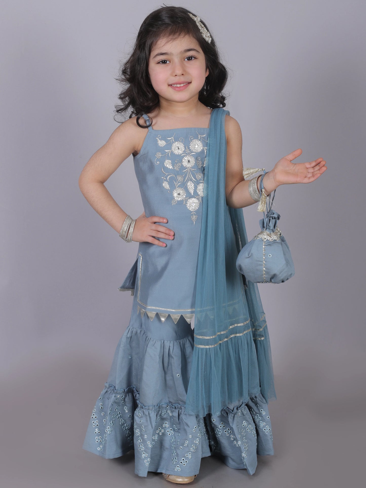 Girl - Blue Kurta with Sharara and Dupatta