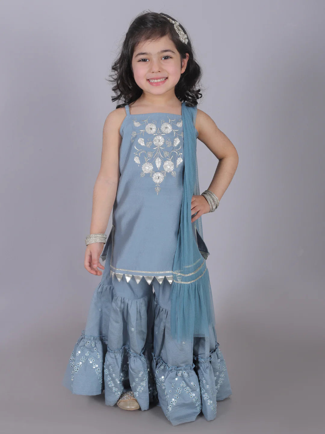 Girl - Blue Kurta with Sharara and Dupatta