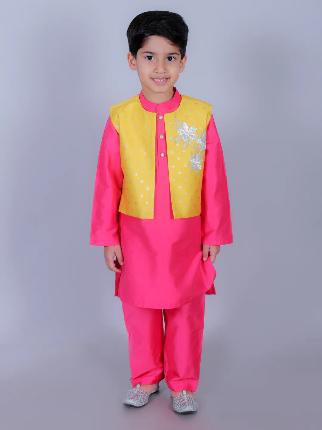 Boy- Pink Kurta Pyjama with Yellow Jacket