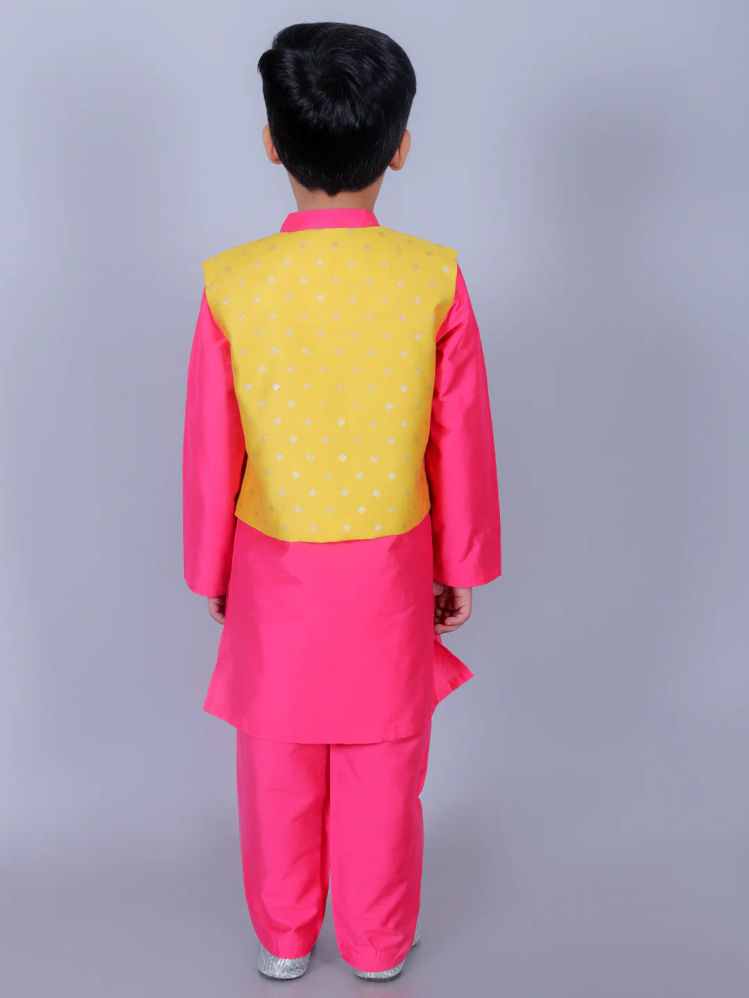 Boy- Pink Kurta Pyjama with Yellow Jacket