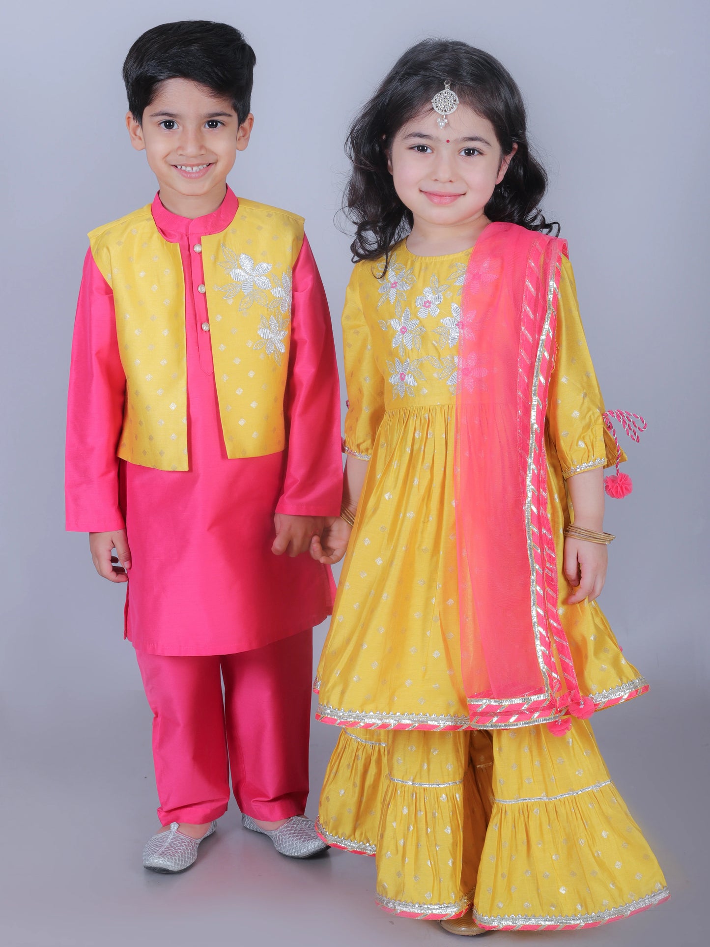Boy- Pink Kurta Pyjama with Yellow Jacket