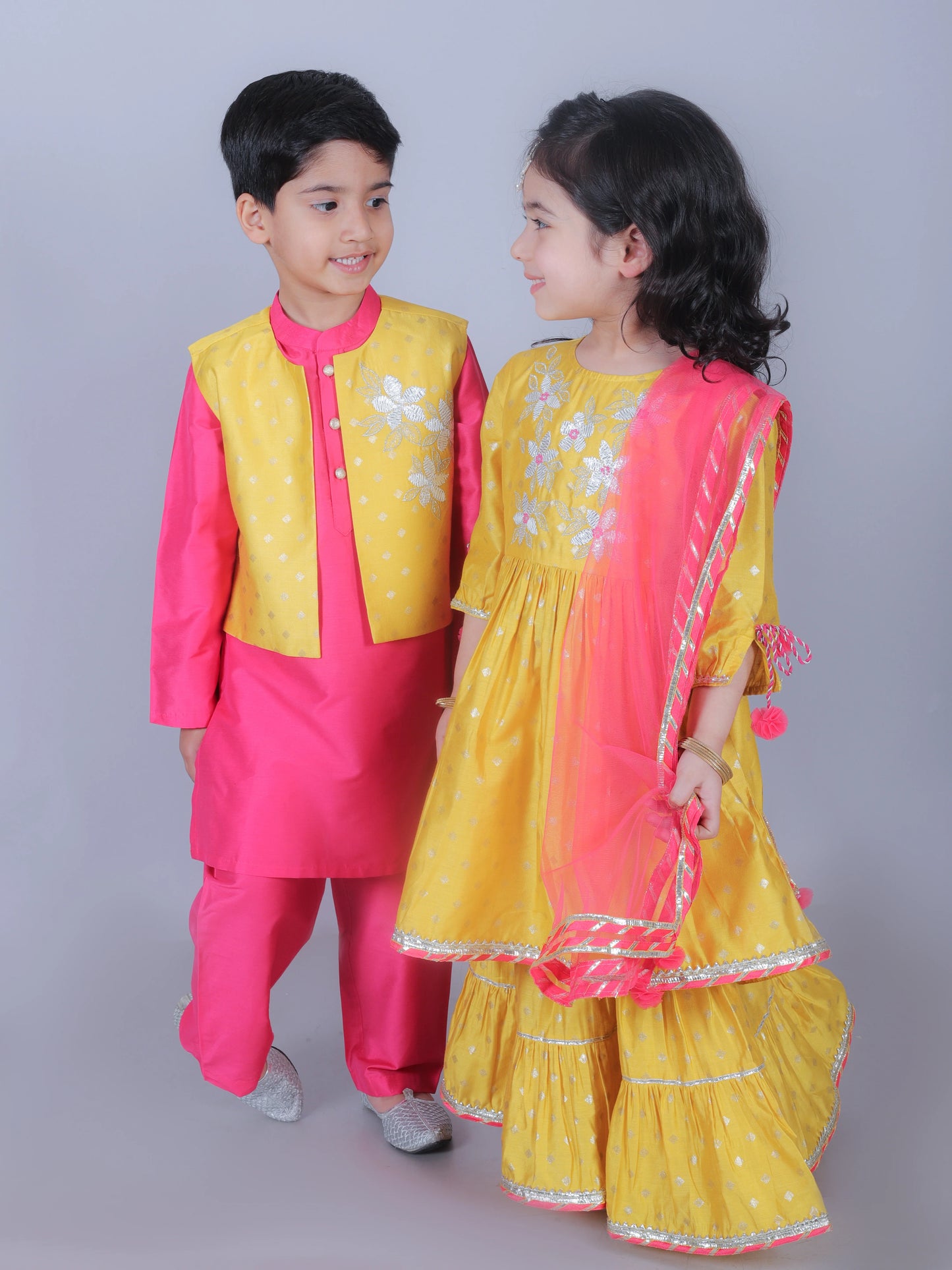 Boy- Pink Kurta Pyjama with Yellow Jacket