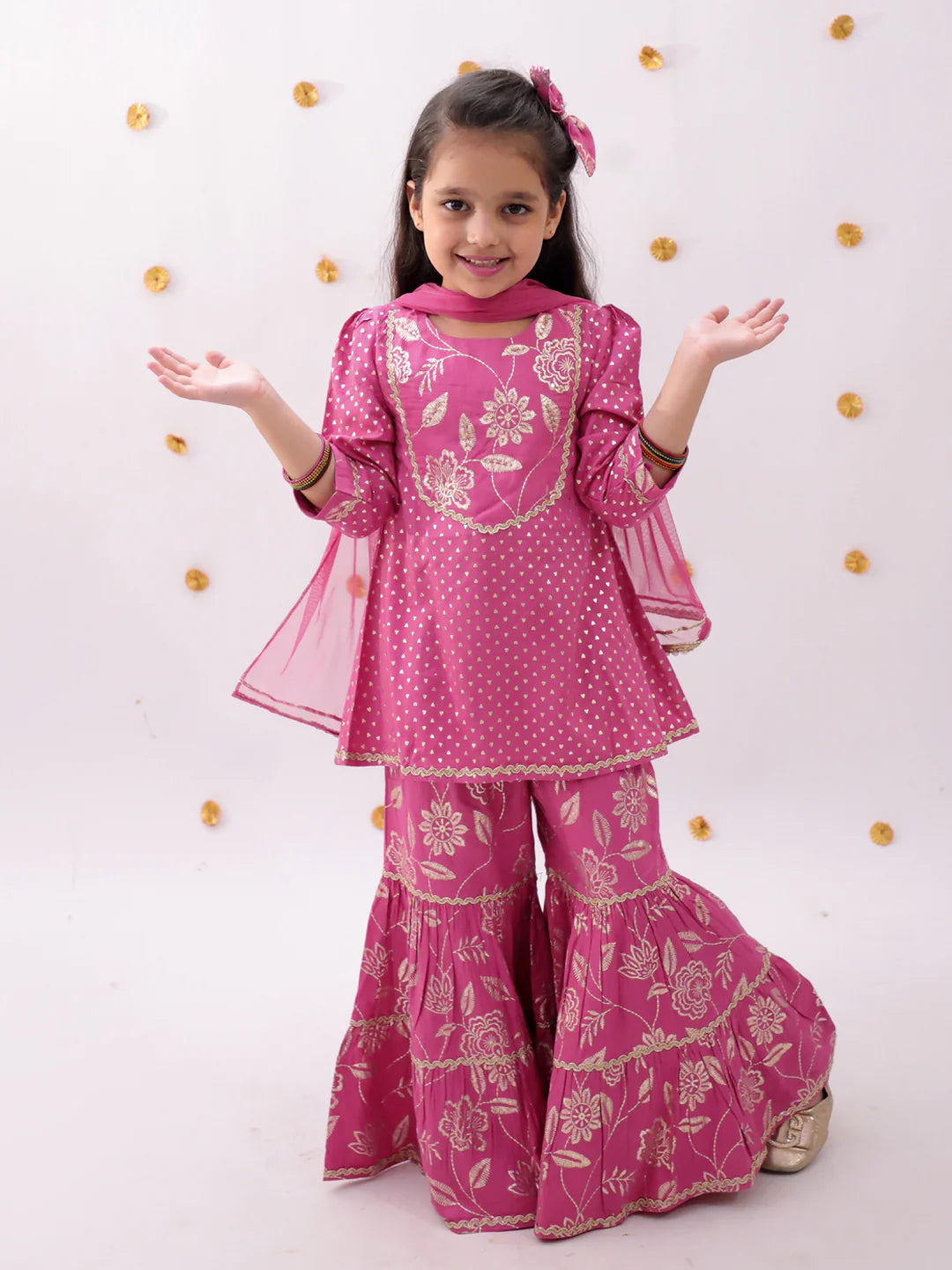 Girl - Pink Sharara Set with Golden Print with Dupatta