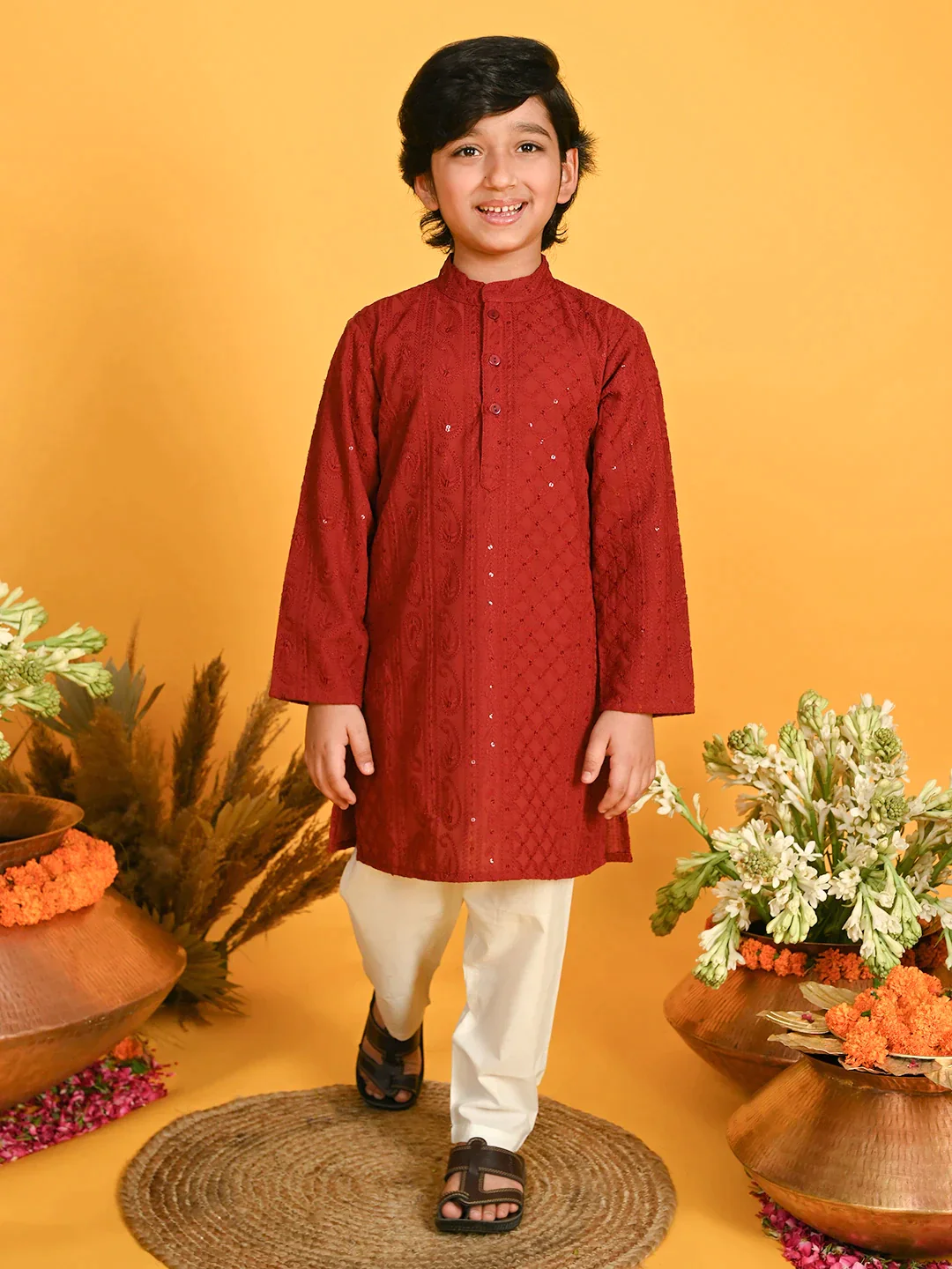 Boy - Maroon Embroidery Cotton Kurta Set