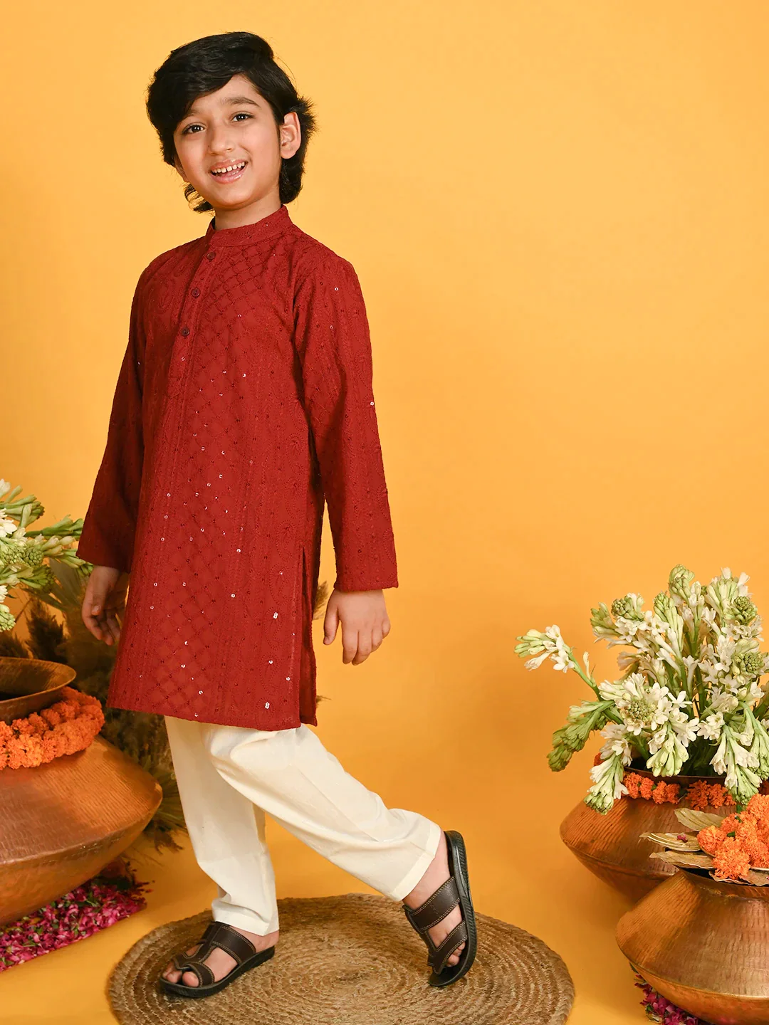Boy - Maroon Embroidery Cotton Kurta Set