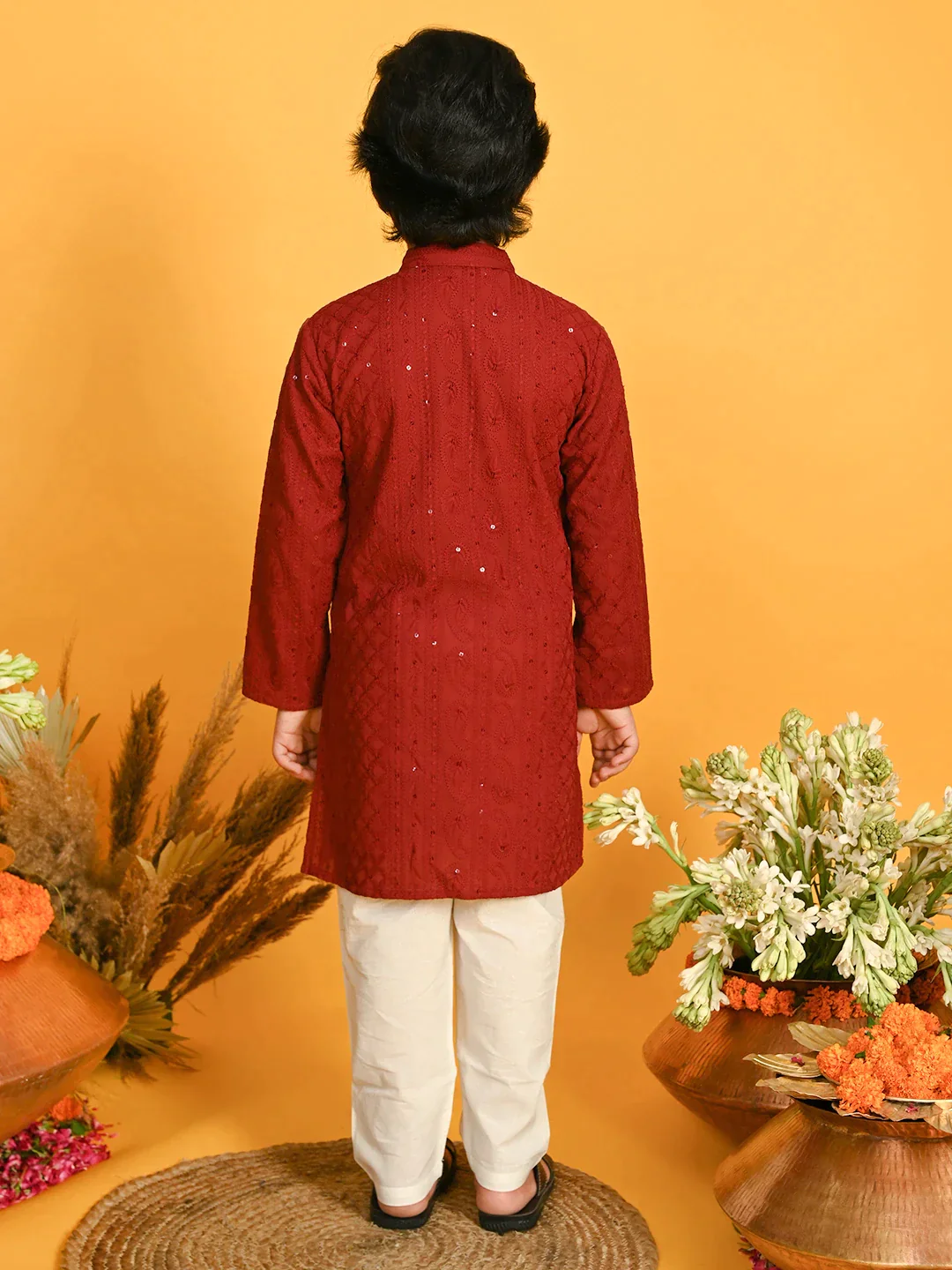 Boy - Maroon Embroidery Cotton Kurta Set