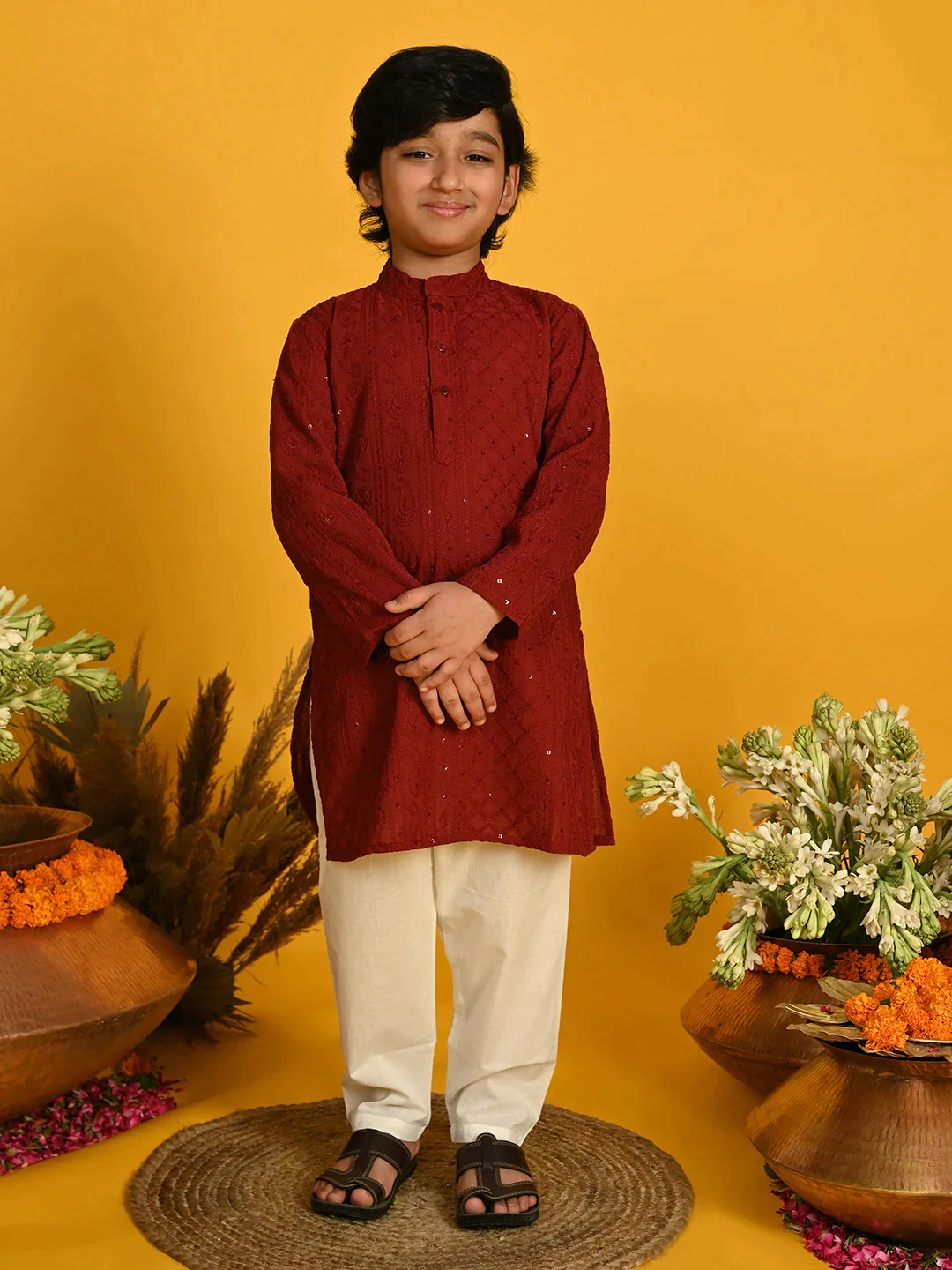 Boy - Maroon Embroidery Cotton Kurta Set