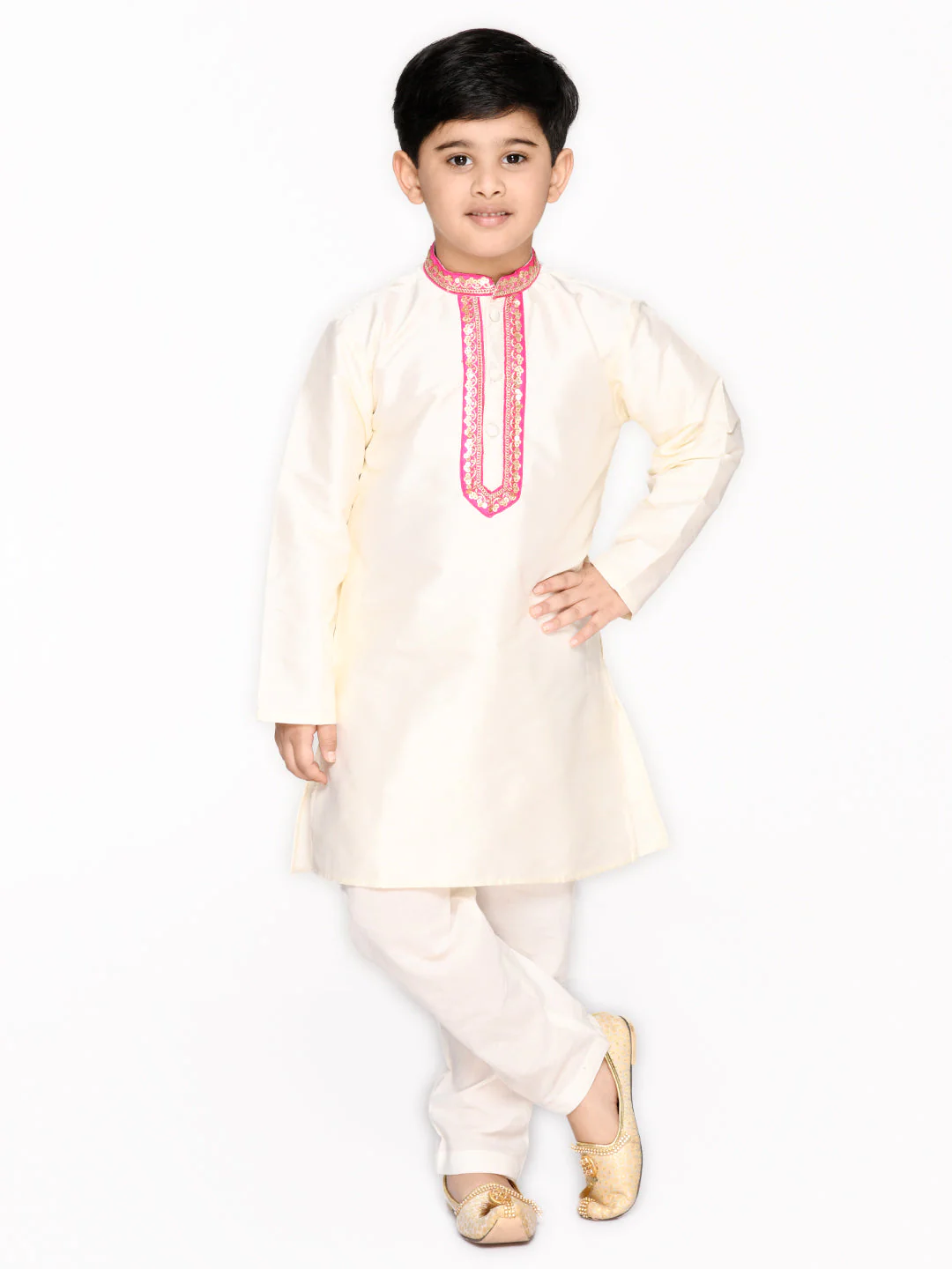 Boy - Offwhite & Pink Raw Silk (with Cotton Lining) Kurta Set