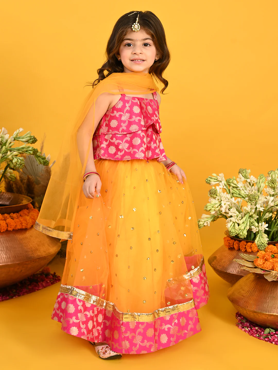 Girl - Orangish Yellow Lehanga With Sequence Work & Pink Choli