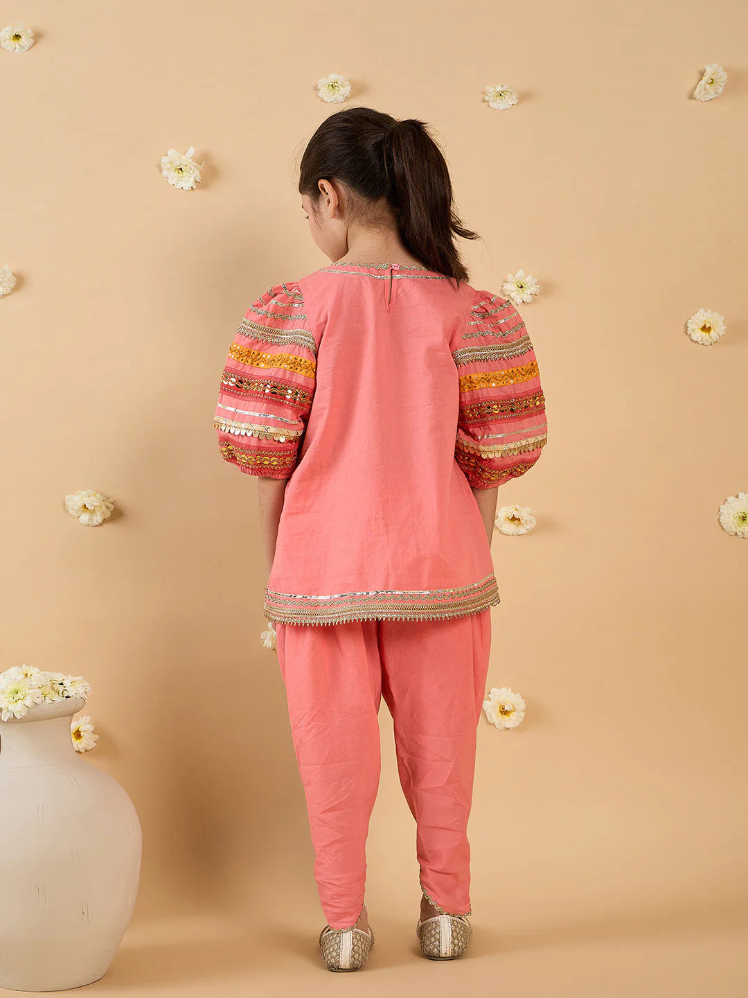 Girl Coral Embroidery Kurta And Dhoti Set