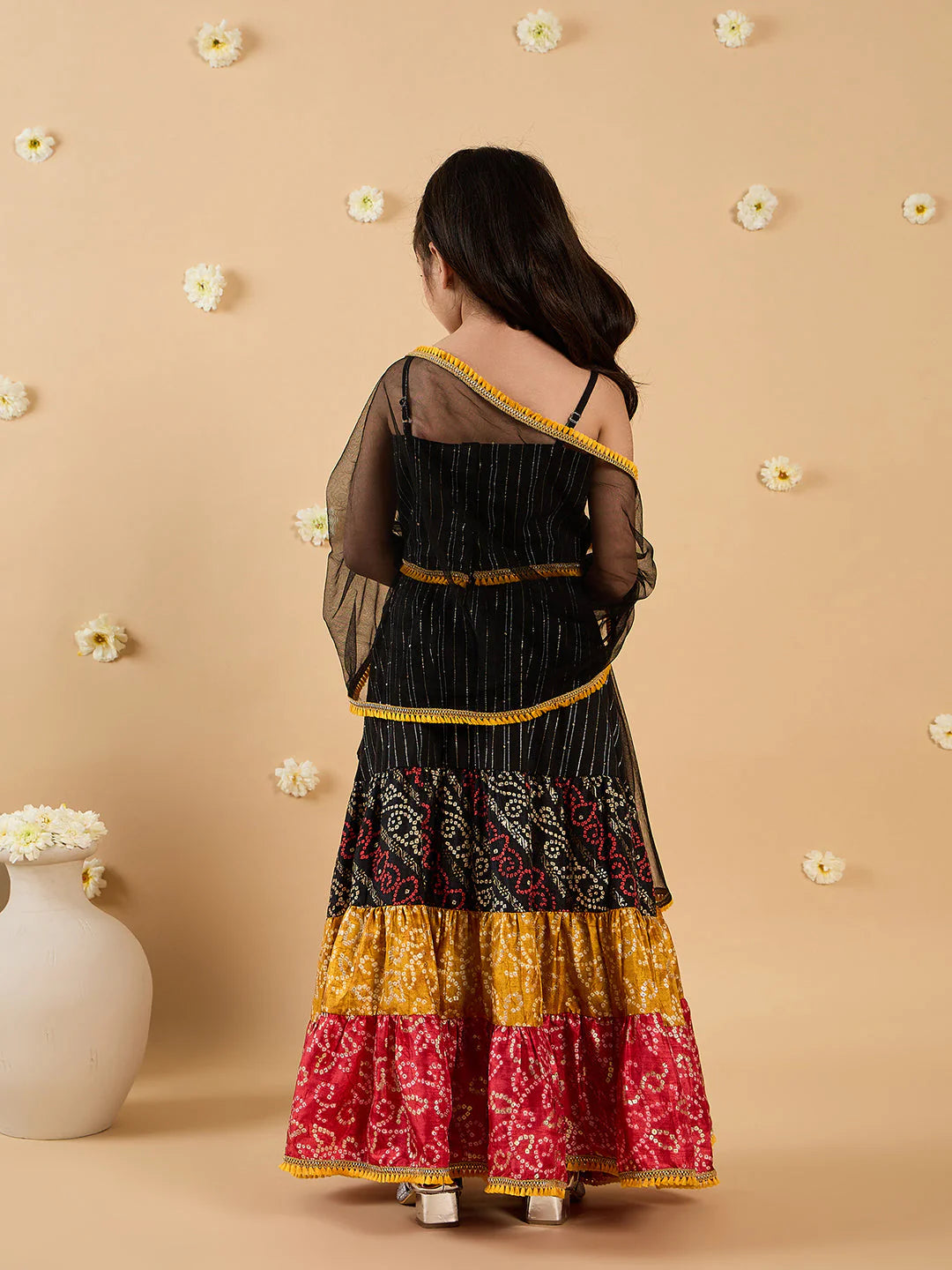 Girl Black Cotton Lehenga, Choli & Dupatta