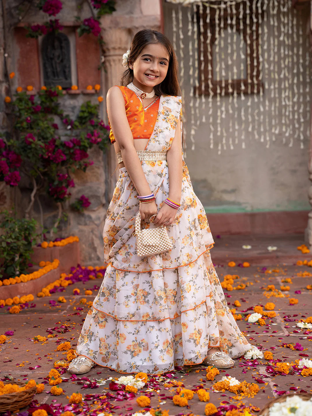 Girl - Orange & Cream Georgette Lehenga And Choli with Belt