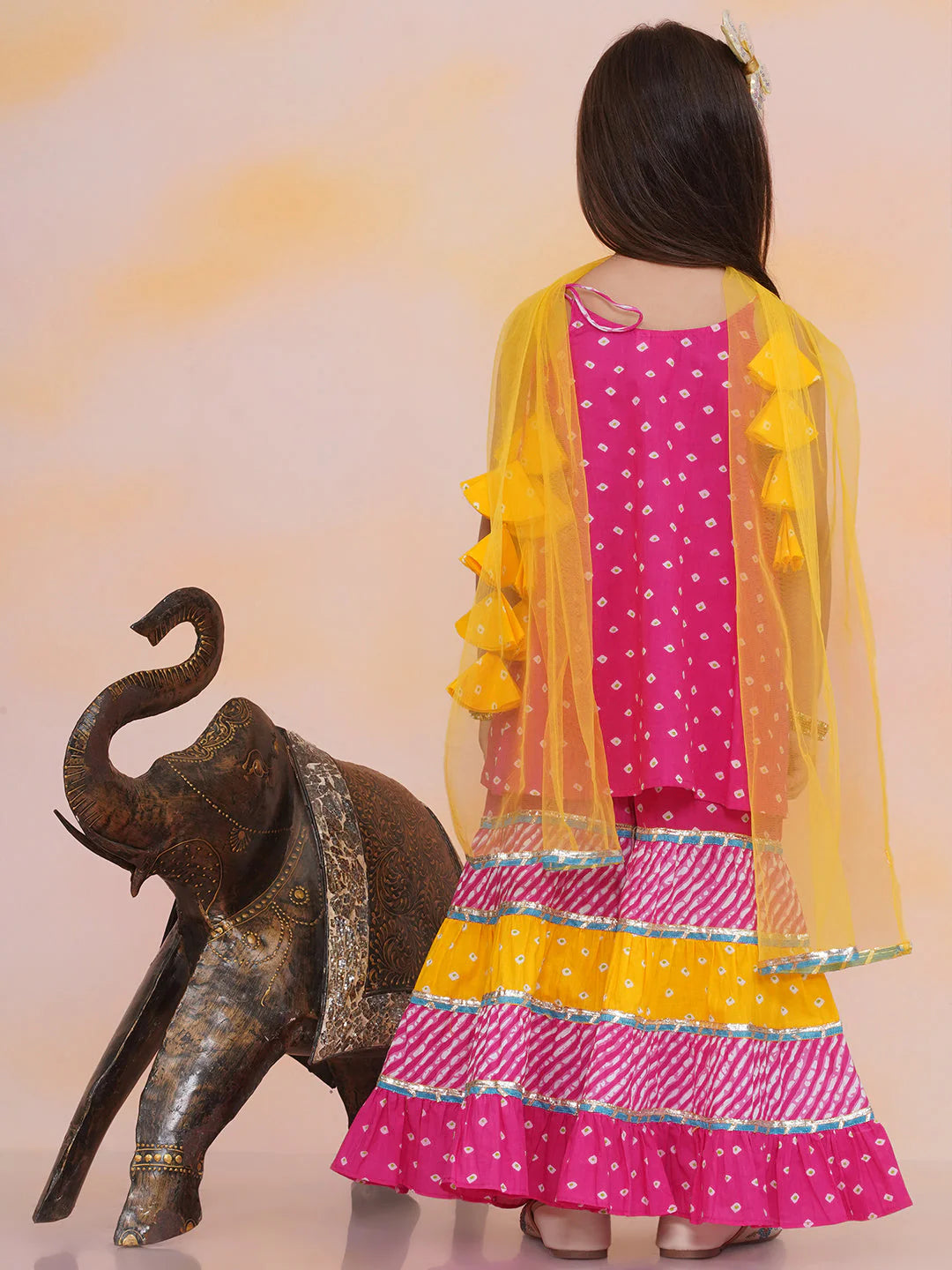 Girl - Pink Yellow Bandhani Sharara Set with Dupatta