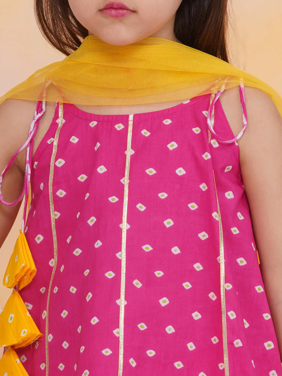 Girl - Pink Yellow Bandhani Sharara Set with Dupatta