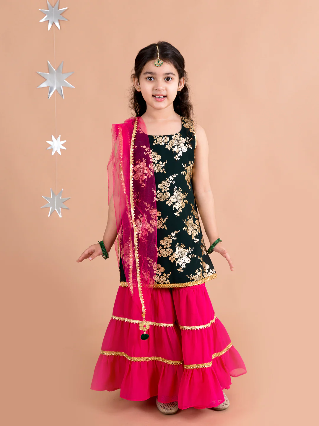 Girl - BottleGreen Kurta and Pink Sharara Set with Dupatta