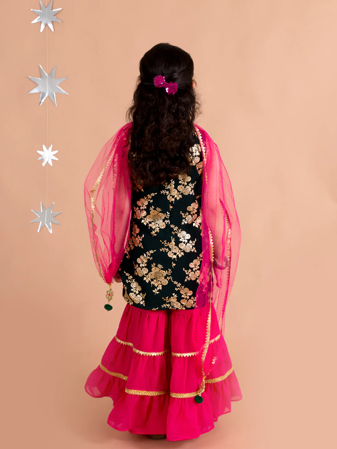 Girl - BottleGreen Kurta and Pink Sharara Set with Dupatta