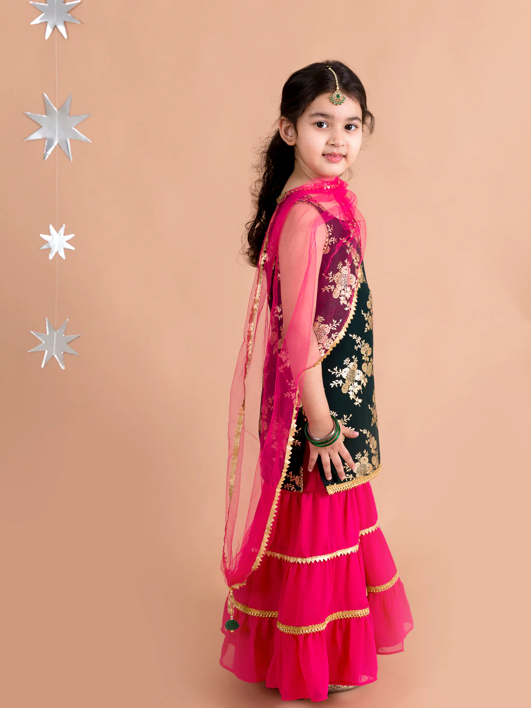 Girl - BottleGreen Kurta and Pink Sharara Set with Dupatta