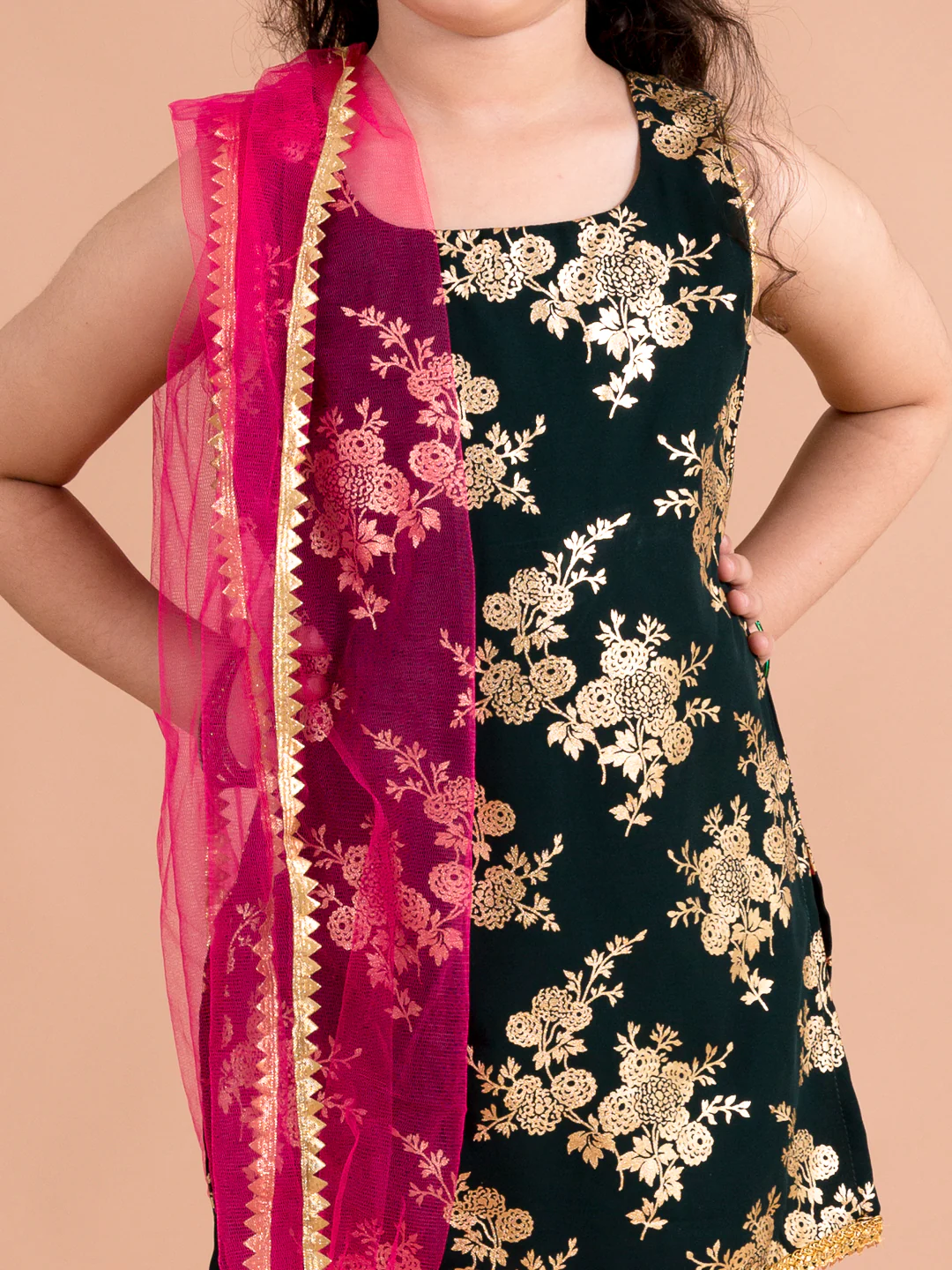 Girl - BottleGreen Kurta and Pink Sharara Set with Dupatta
