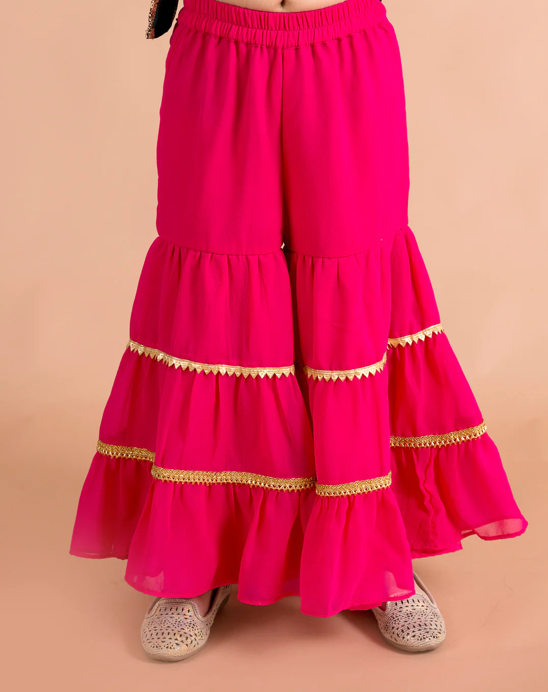 Girl - BottleGreen Kurta and Pink Sharara Set with Dupatta