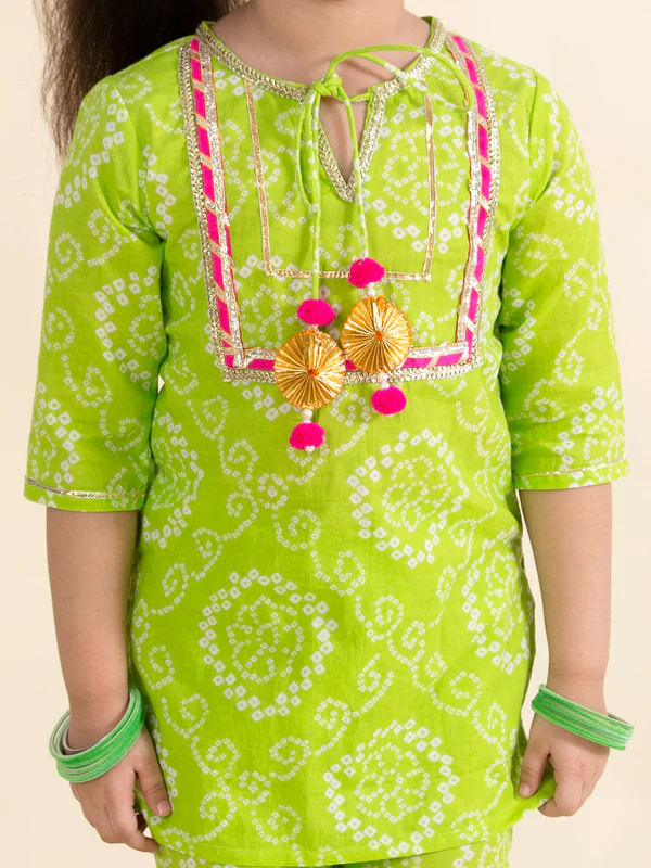 Girl - Parrot Green Cotton Sharara Set with Net Dupatta