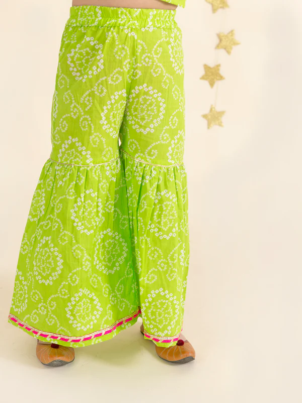 Girl - Parrot Green Cotton Sharara Set with Net Dupatta