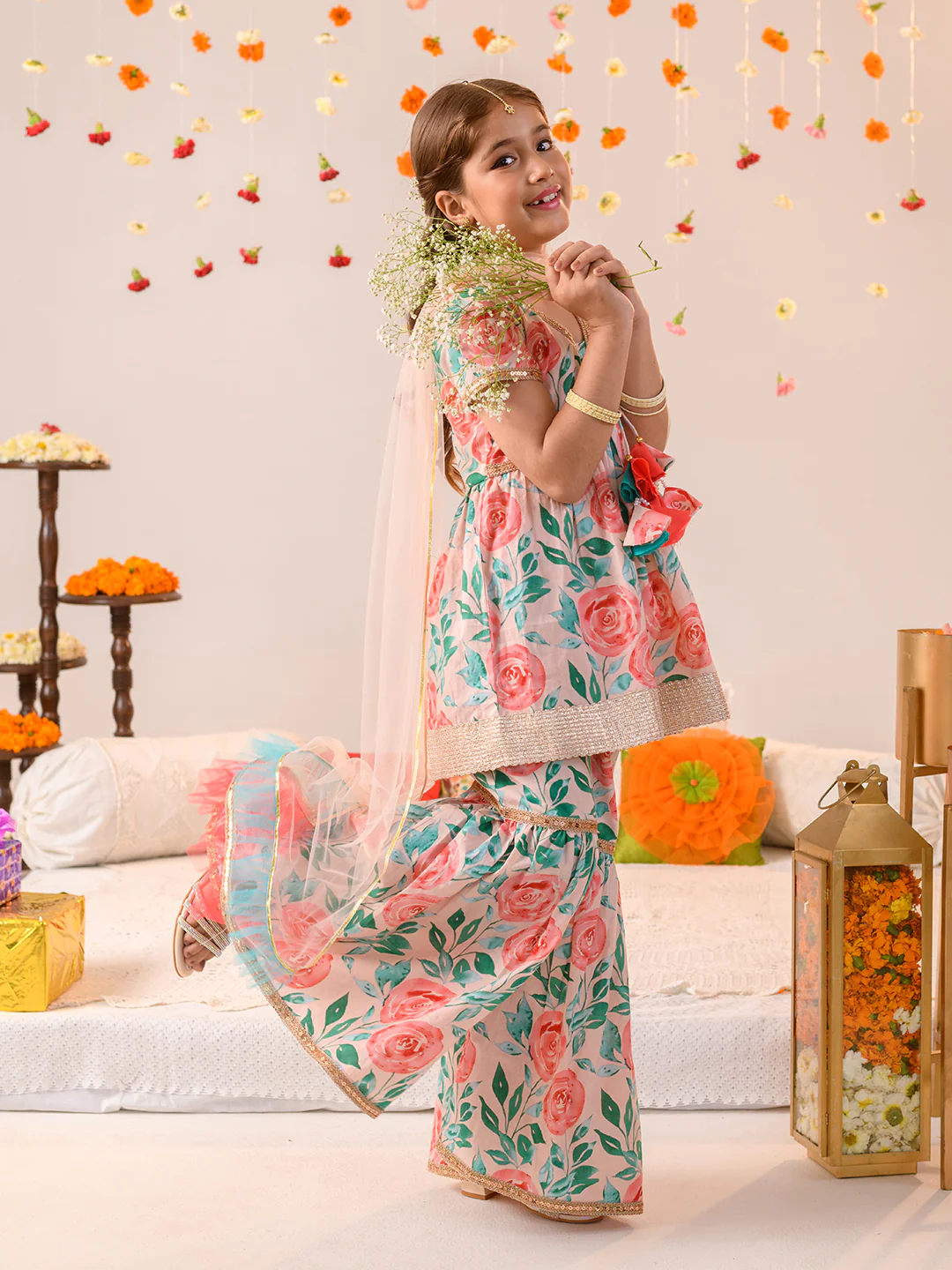 Girl - Floral Print Cotton Sharara Set with Dupatta