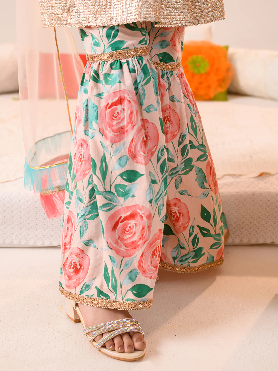 Girl - Floral Print Cotton Sharara Set with Dupatta