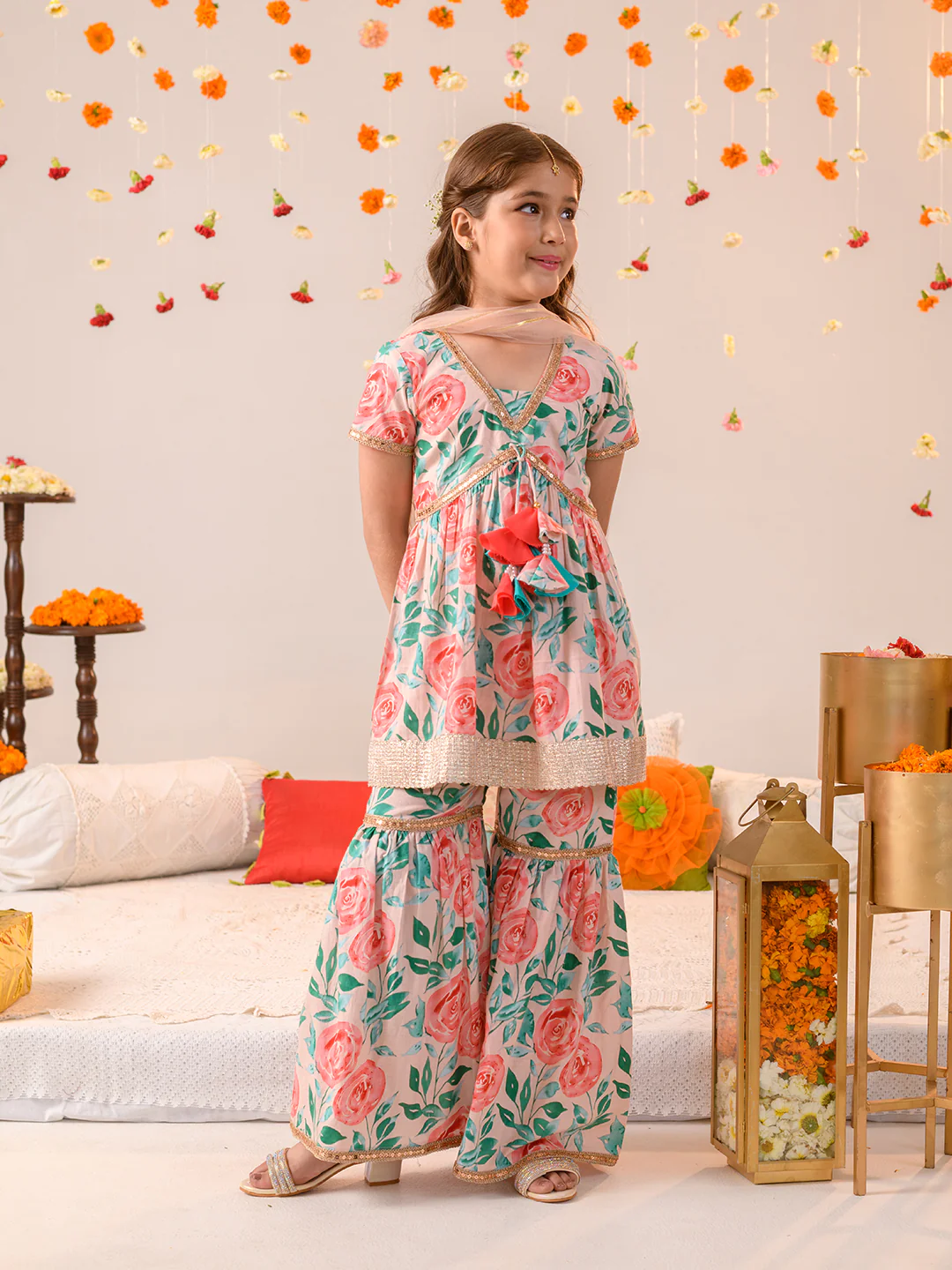 Girl - Floral Print Cotton Sharara Set with Dupatta