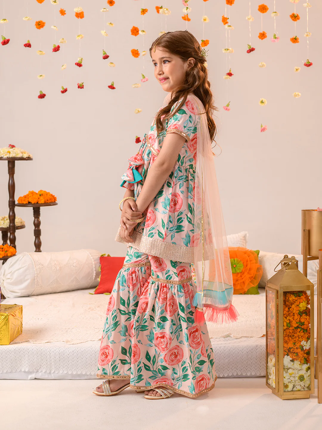 Girl - Floral Print Cotton Sharara Set with Dupatta