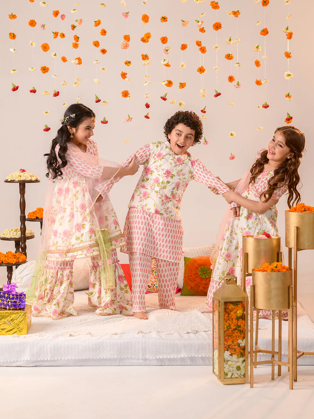 Girl - Floral Print Offwhite & Pink Sharara Set with Dupatta