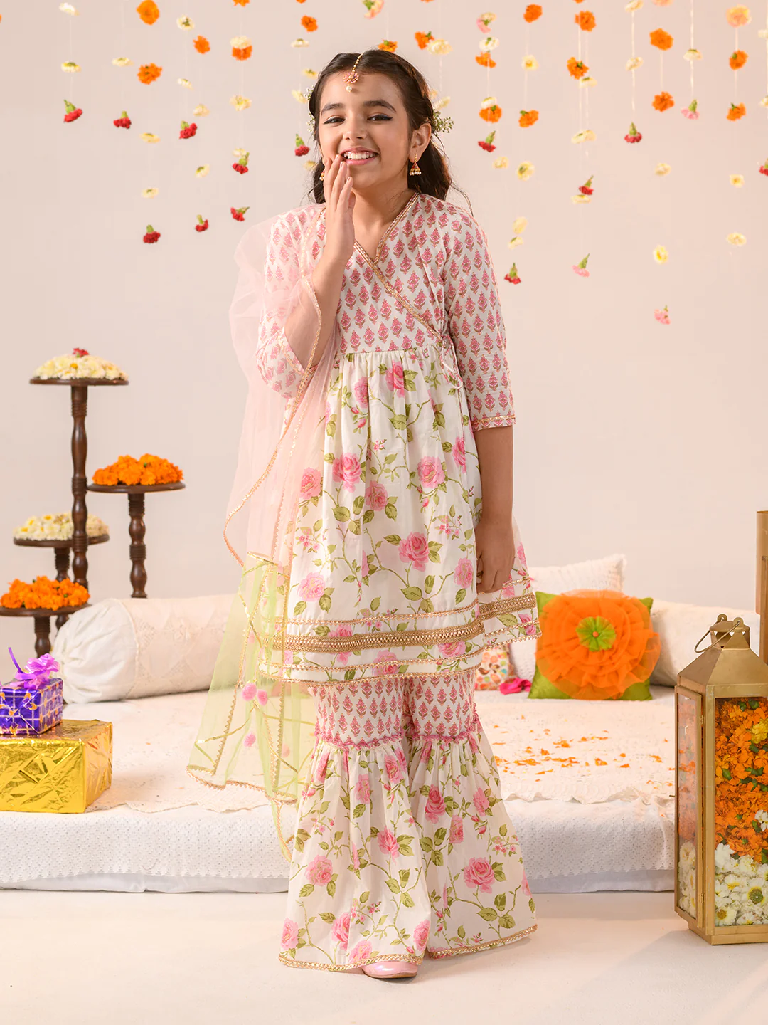Girl - Floral Print Offwhite & Pink Sharara Set with Dupatta