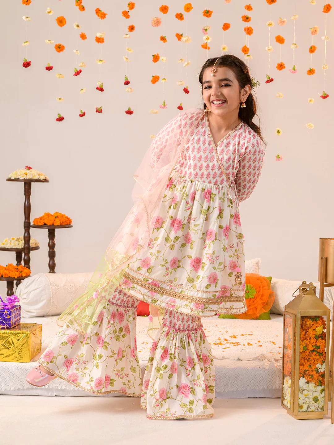 Girl - Floral Print Offwhite & Pink Sharara Set with Dupatta