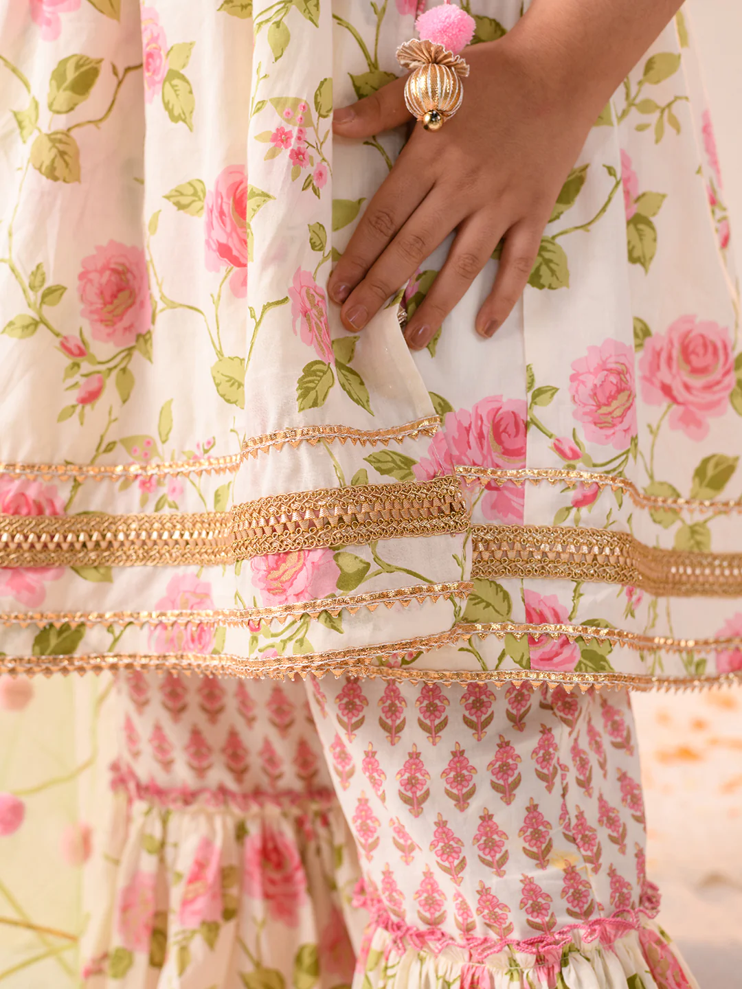Girl - Floral Print Offwhite & Pink Sharara Set with Dupatta