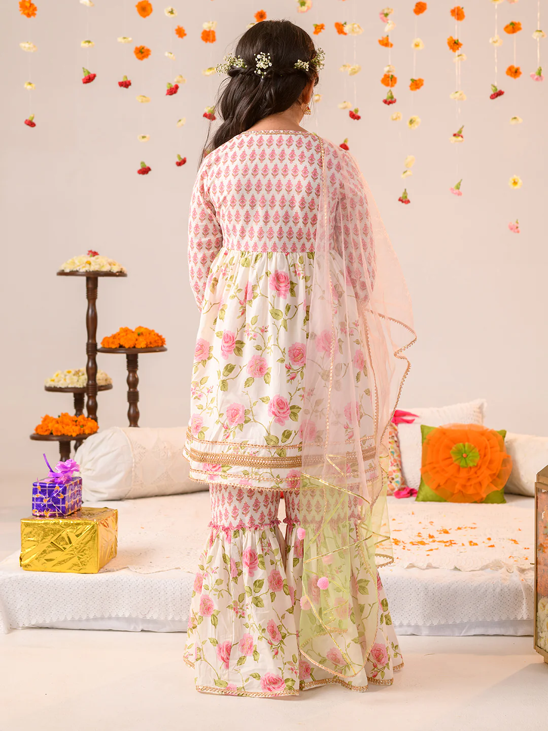 Girl - Floral Print Offwhite & Pink Sharara Set with Dupatta