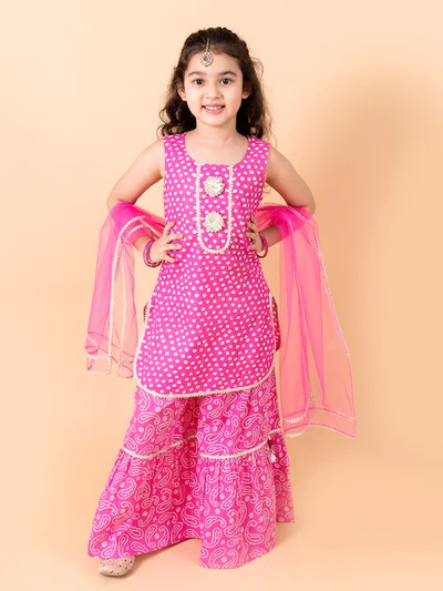 Girl - Pink Cotton Bandhani Print Sharara Set