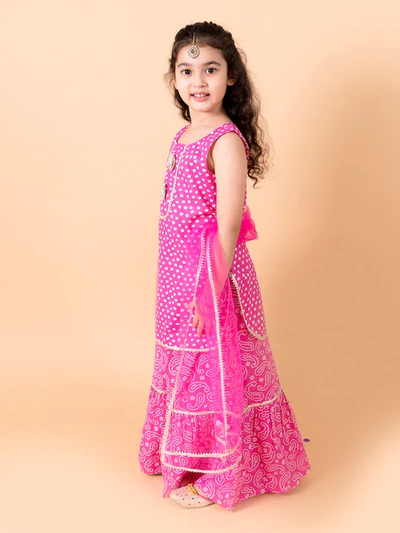 Girl - Pink Cotton Bandhani Print Sharara Set