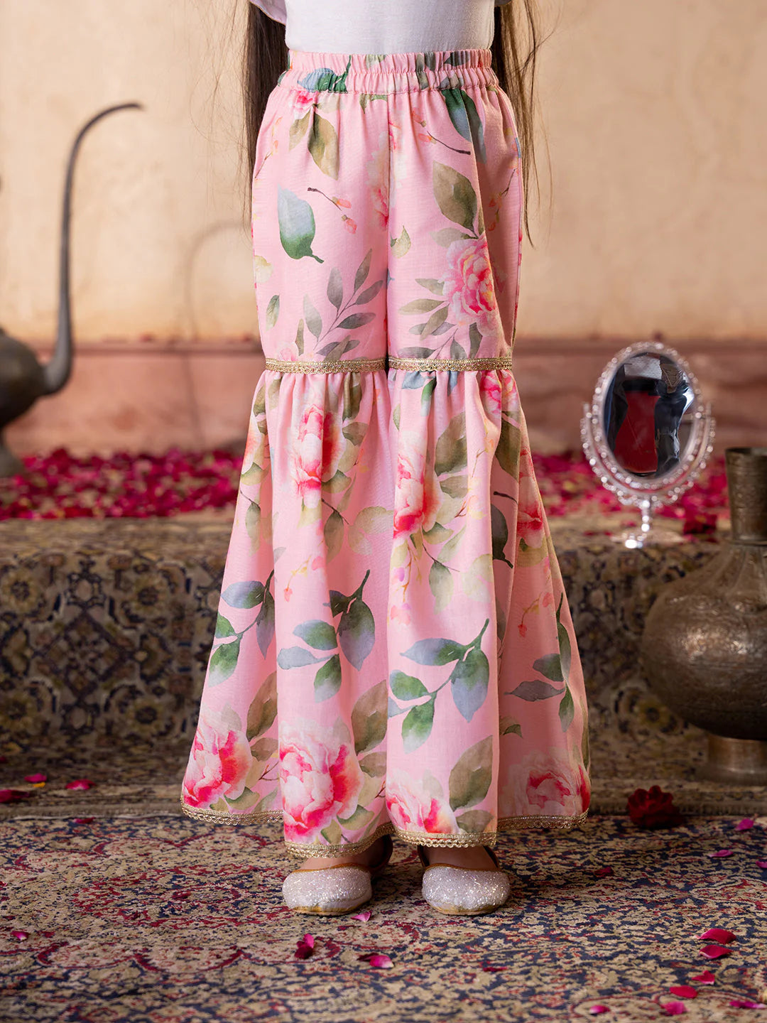 Girl - Peach Color Floral Sharara Set With Dupatta