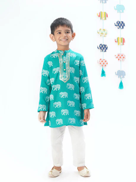 Boy Green Elephant Print Kurta Pyjama