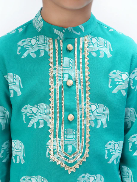 Boy Green Elephant Print Kurta Pyjama