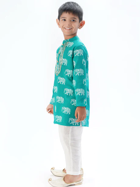 Boy Green Elephant Print Kurta Pyjama