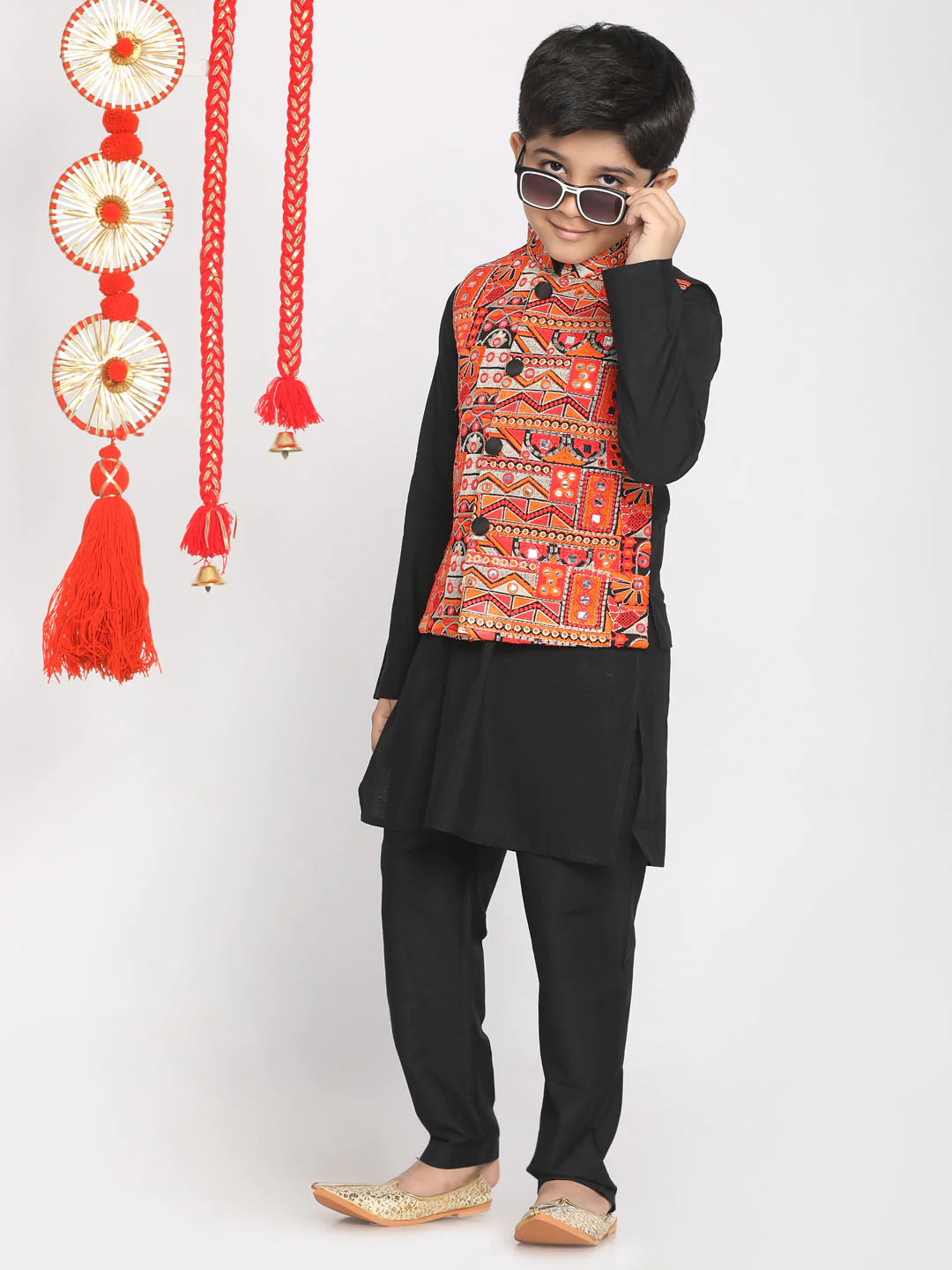 Boy Navratri Style Orange & Black Nehru Jacket Only